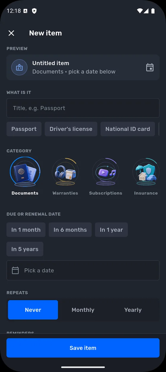 New item form with quick titles, categories, quick dates and repeat options