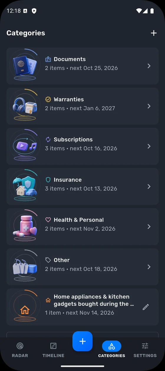 Categories: documents, warranties, subscriptions, insurance, health and a custom one
