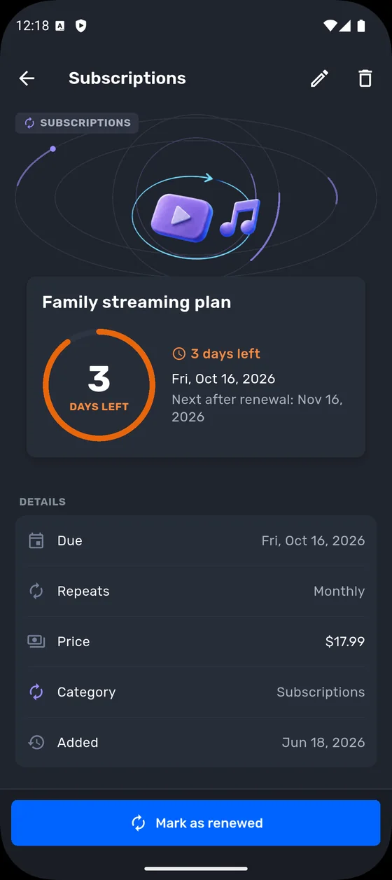 Family streaming plan with 3 days left and a Mark as renewed button