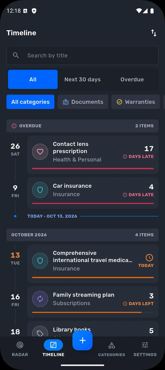 Timeline with search, All / Next 30 days / Overdue filters and category chips